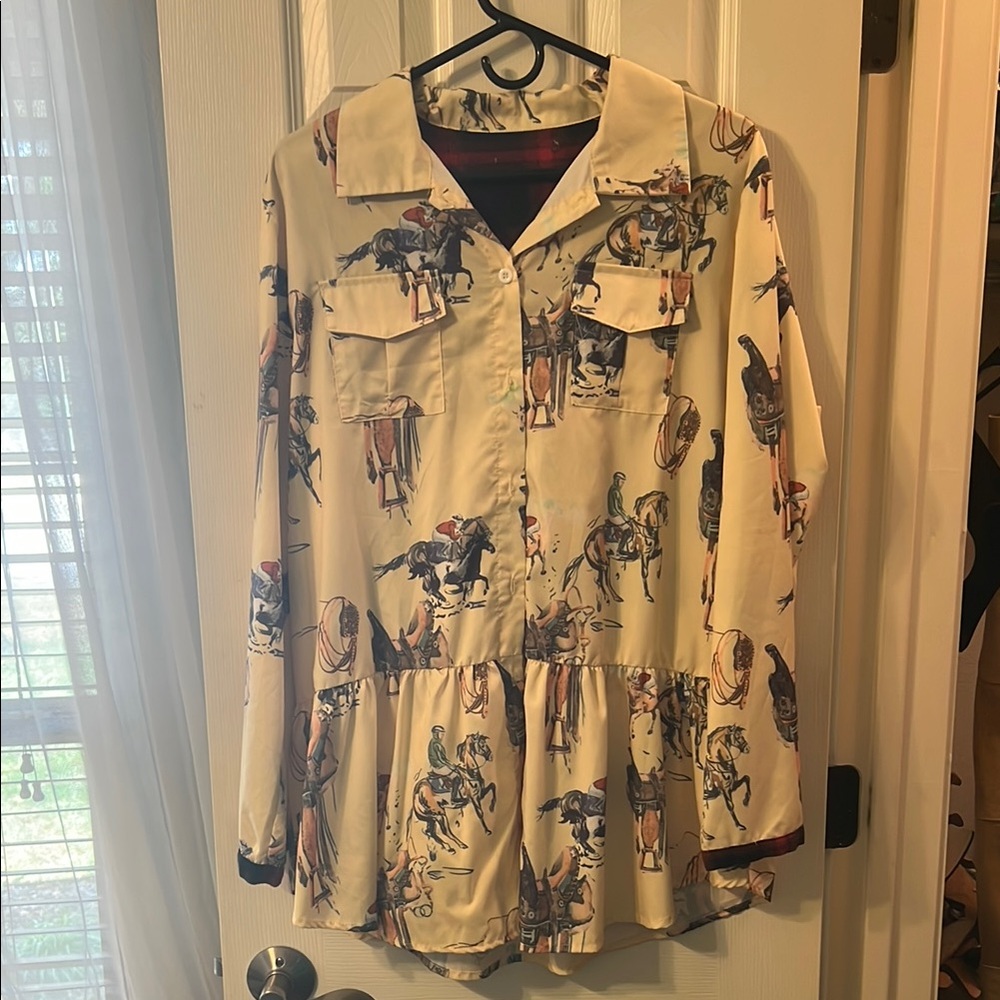 Equestrian Print Button-Up Blouse